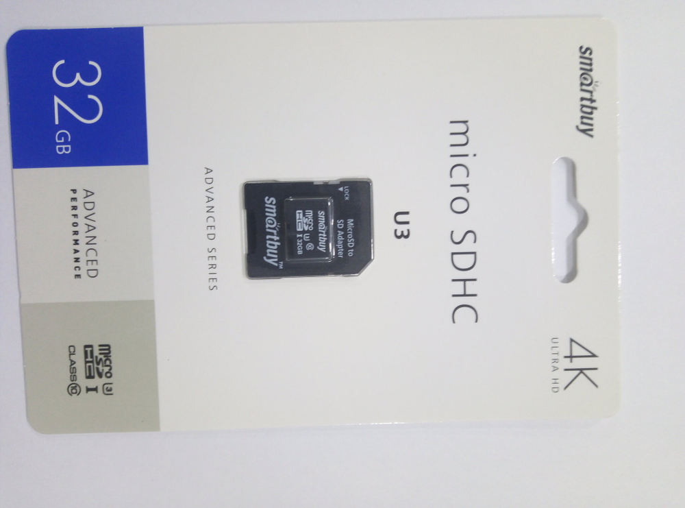 Карта памяти microSDHC Smart Buy 32Gb Class10 Advanced U3 V30 A1 (55/90 Mb/s)+SD адаптер
