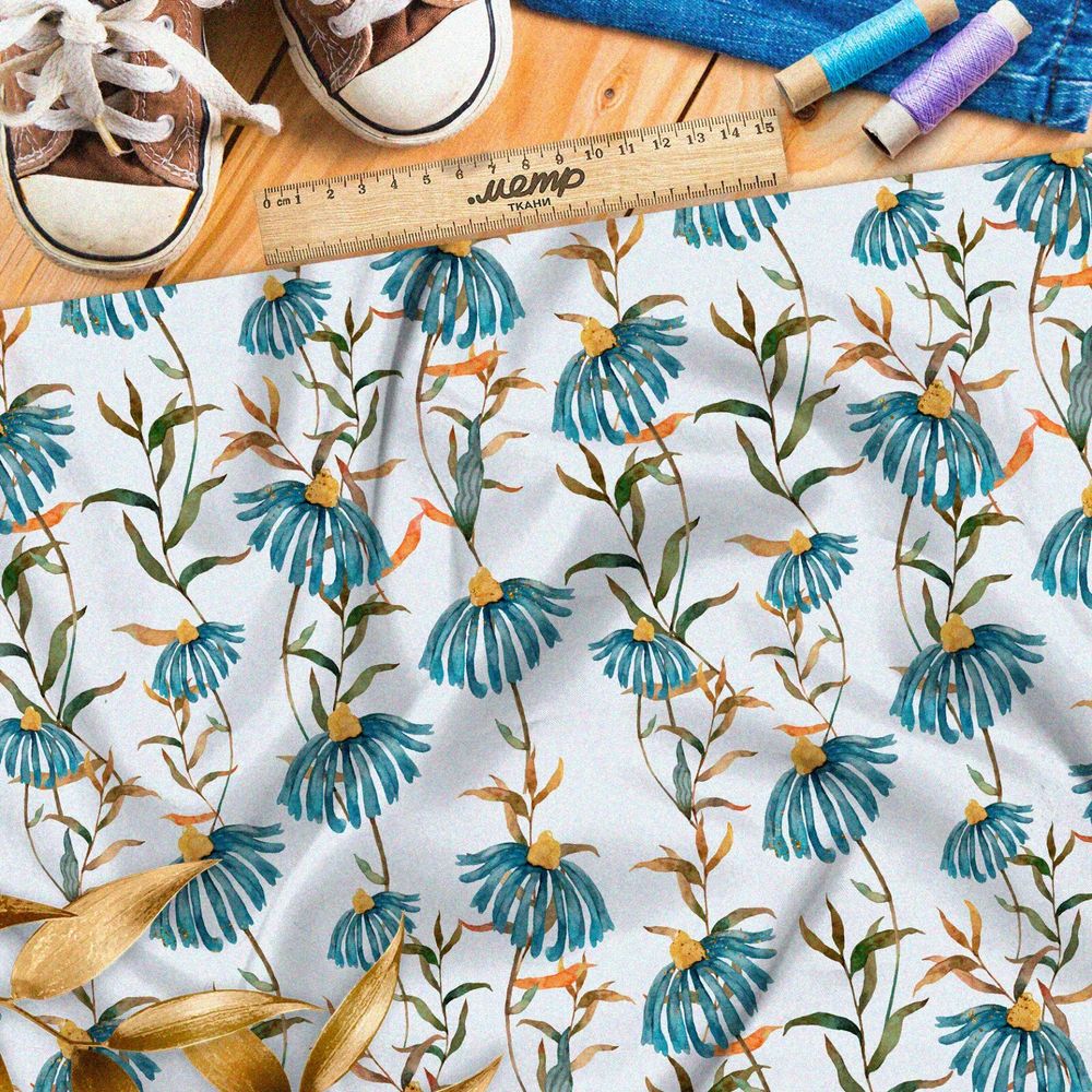 Ткань муслин увядающие васильки с желтеющими стеблями