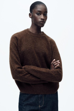 ZARA ОДНОТОННЫЙ СВИТЕР ИЗ ШЕРСТИ И АЛЬПАКИ, КОРИЧНЕВЫЙ