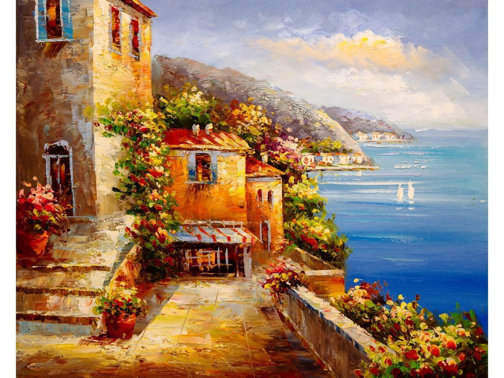 Алмазная мозаика 30х40см. "Средиземноморский дворик" блест.с полн.заполнен.на подрам. (Арт.НД-0502)