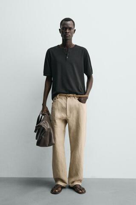 ZARA ФУТБОЛКА С ВОРОТНИКОМ НА ПУГОВИЦАХ, ЧЕРНЫЙ