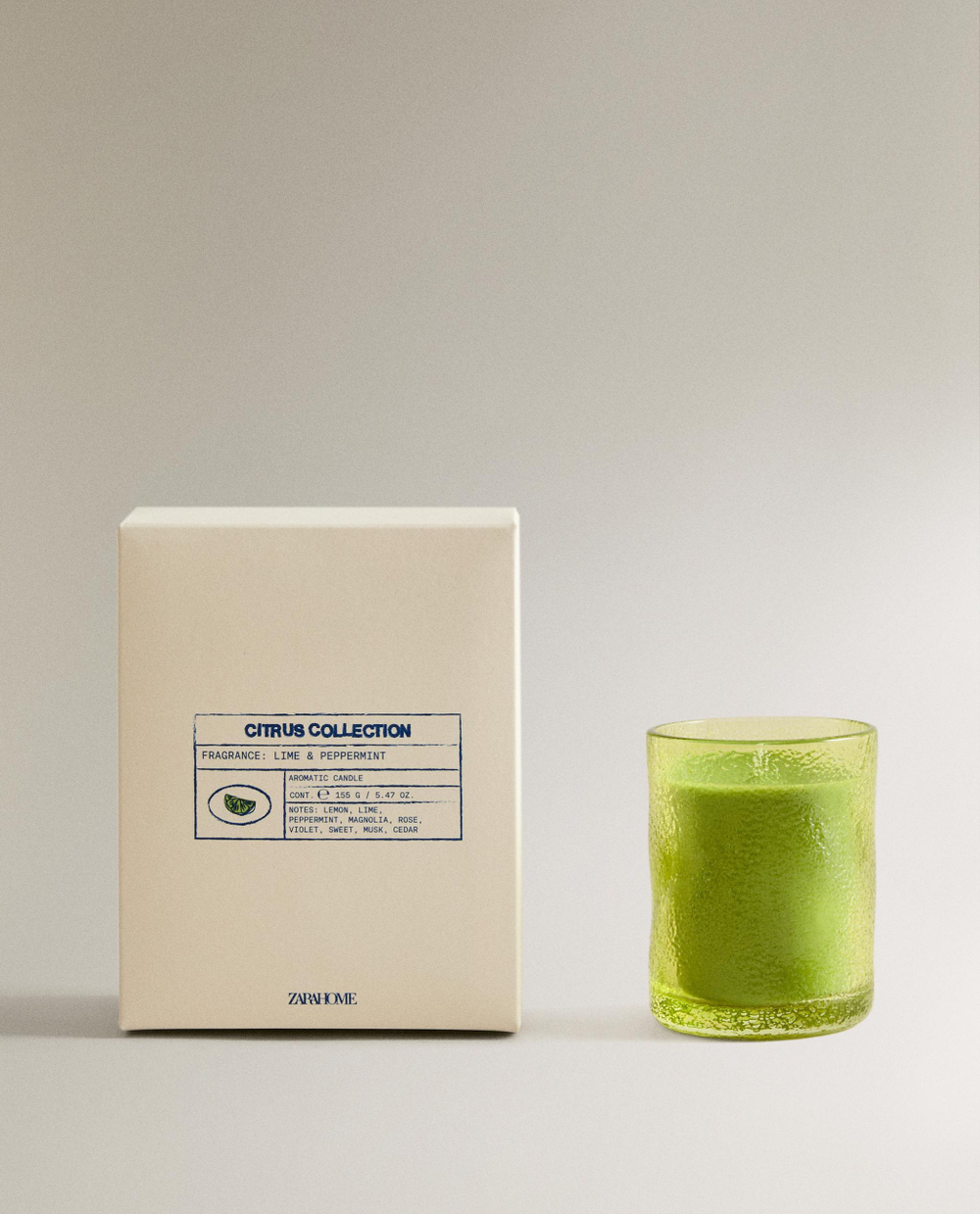 Zara Home Свеча ароматическая LIME & PEPPERMINT 155 г, растительный воск, аромат цитрусово-мятный свежий