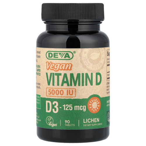 Deva, веганский витамин D, D3, 125 мкг (5000 МЕ), 90 таблеток