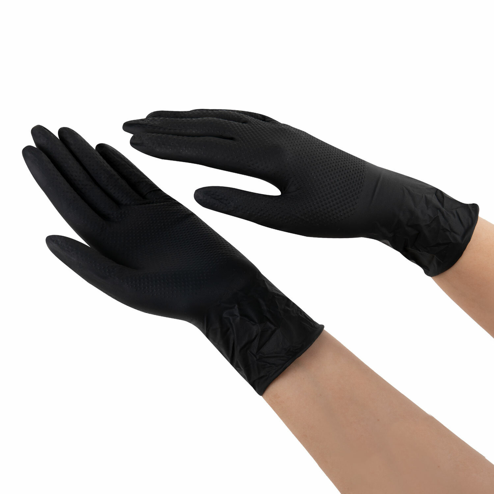 Перчатки нитриловые сверхпрочные с текстурой SFM MEGA TEX BLACK 25 пар (50 штук), XL (очень большой).