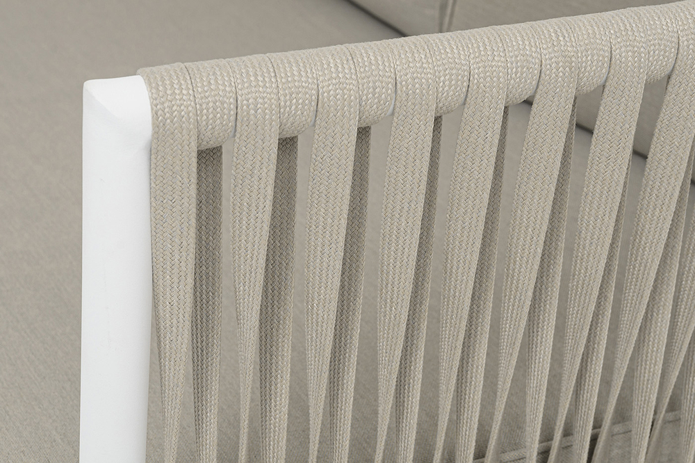 "Касабланка" диван 3-местный плетеный из роупа, каркас алюминий белый муар, роуп бежевый 20мм, ткань бежевая 052