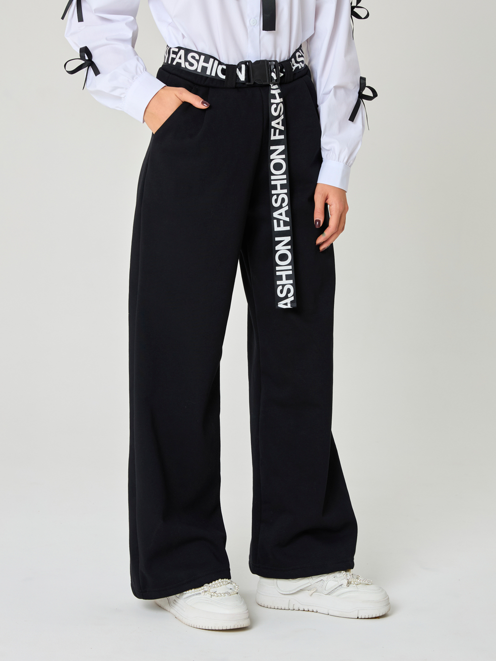 Брюки утепленные для девочки палаццо с ремнем "Fashion" чёрные