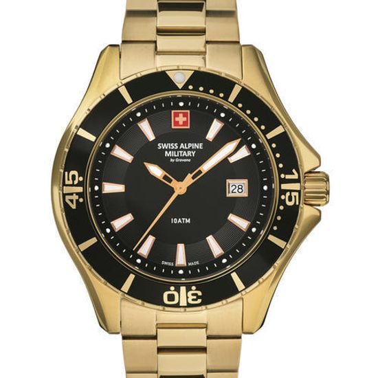 С браслетом Мужские наручные часы с золотым браслетом Swiss Alpine Military 7040.1117 diver 45mm 10ATM