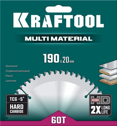 KRAFTOOL Multi Material, 190 х 20 мм, 60Т, пильный диск по алюминию (36953-190-20)