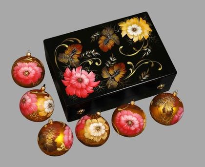 Zhostovo Christmas balls in wooden box - set of 6 balls SET04D-667785784