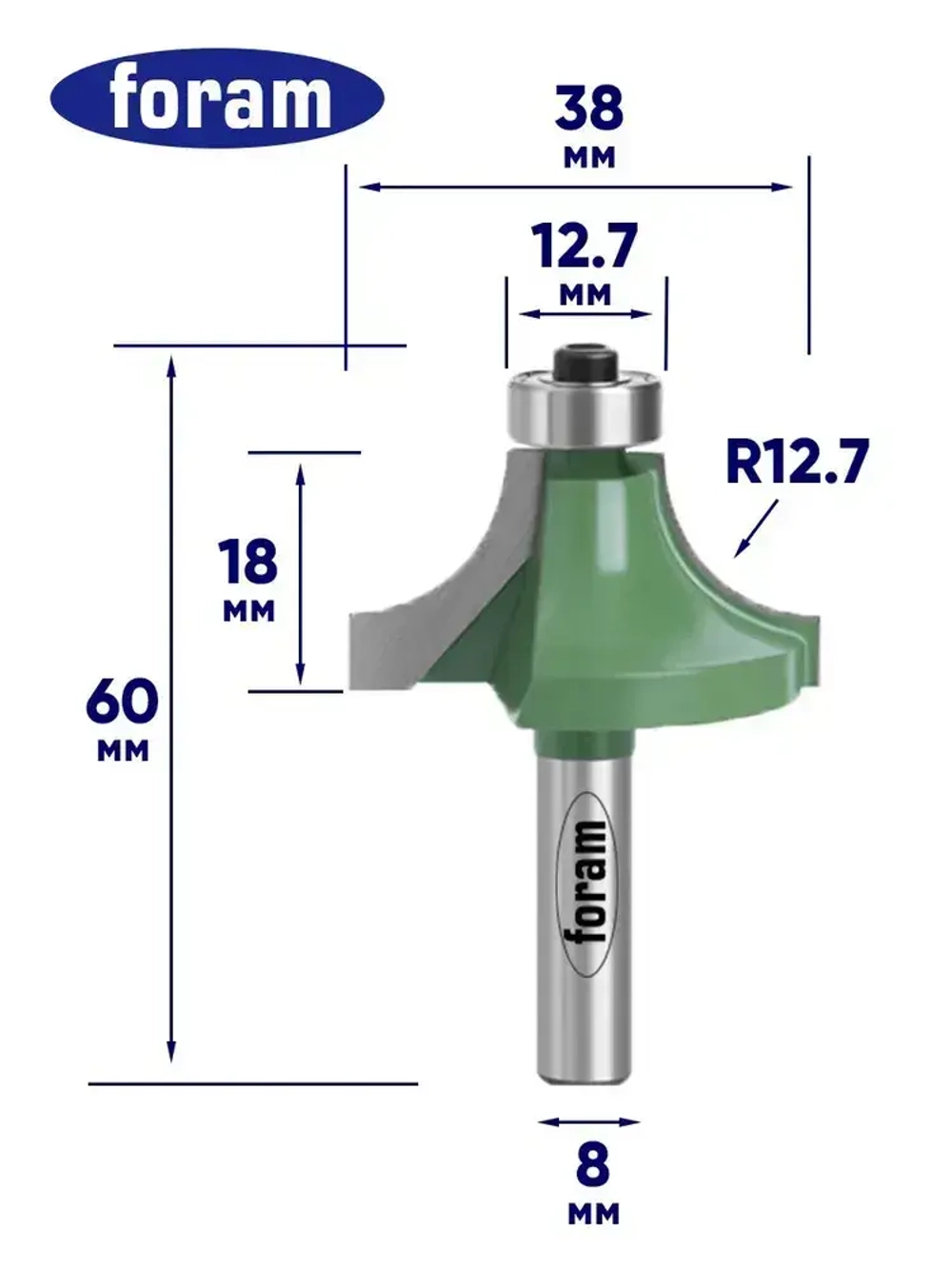 Фреза кромочная, калевочная Z2 Foram, R12.7, хвостовик 8мм, подшипник 12,7мм