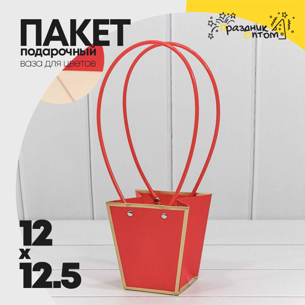 Пакет подарочный 12.5х12х8см Ваза для цветов с золотой рамкой (Красный)