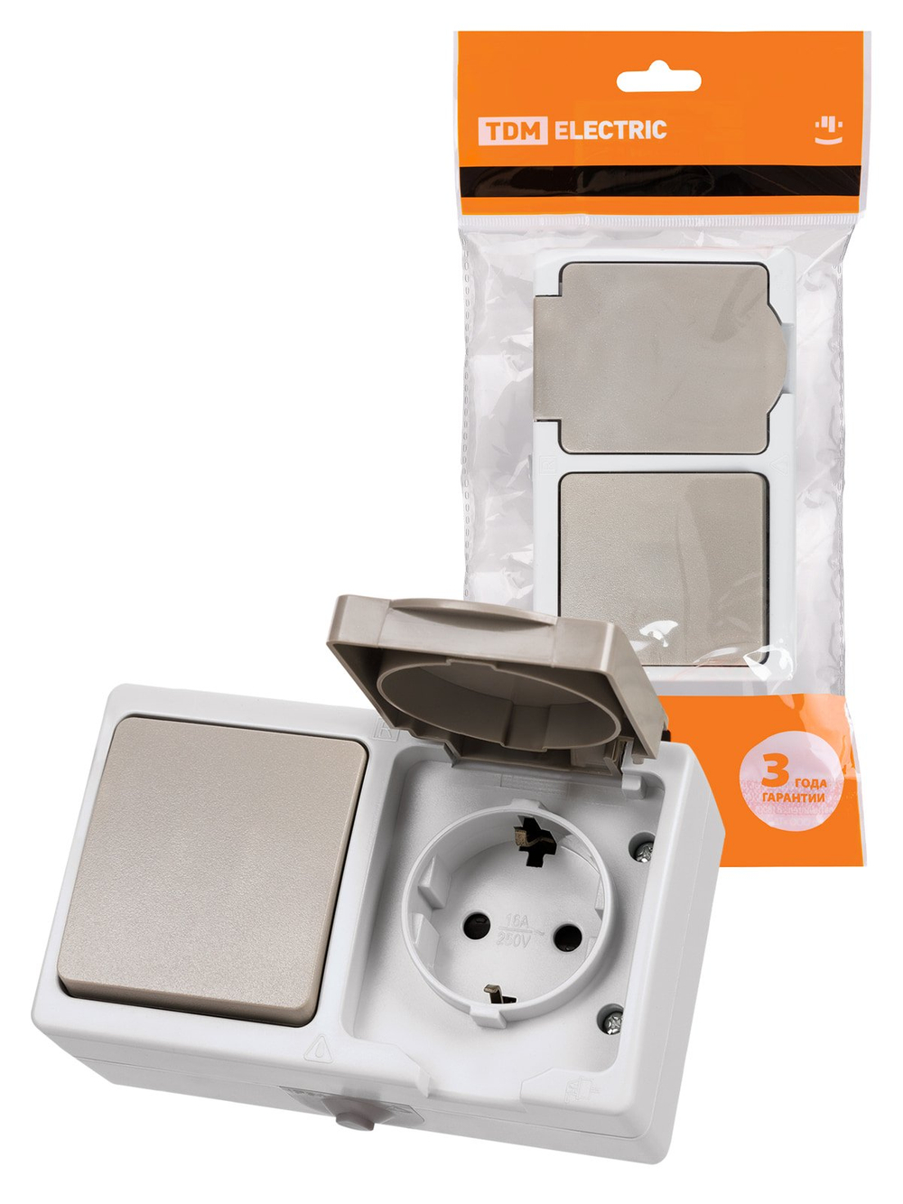 Блок (горизонтальный) выключатель 1-кл.+розетка 2П+З с з/ш БКВР IP54 серый Вуокса TDM