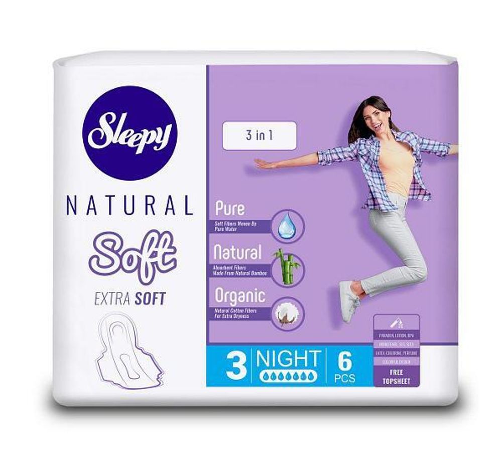 Sleepy Natural Прокладки женские гигиенические SOFT EXTRA SOFT 3 в 1 Night (7 кап) 6 шт