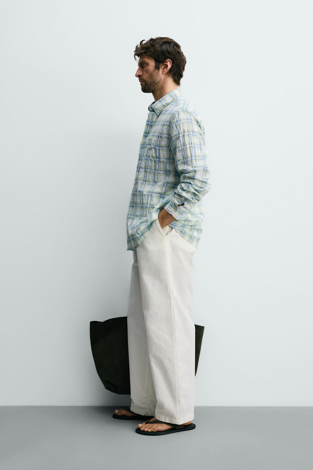 ZARА РУБАШКА REGULAR FIT В КЛЕТКУ С ЭФФЕКТОМ ПОМЯТОСТИ, ЗЕЛЕНОВАТО-СИНИЙ