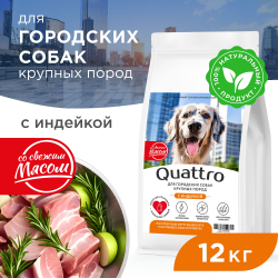 Корм сухой для взрослых собак крупных пород, премиум полнорационный комплекс, для городских собак, с индейкой, 12 кг, QUATTRO