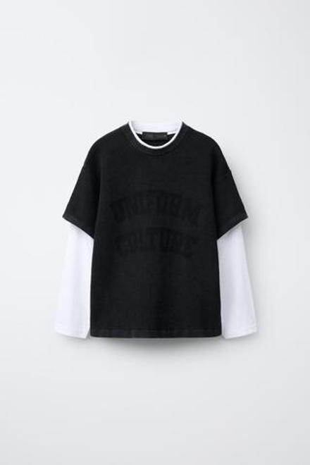 ZARA ФУТБОЛКА С ДВОЙНЫМИ РУКАВАМИ И НАДПИСЬЮ, ЧЕРНЫЙ