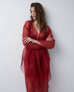 Блуза на пояске из шелковой органзы бордо