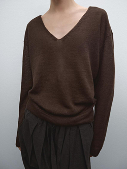 Massimo Dutti Свитер из 100% льна с V-образным вырезом, шоколадный