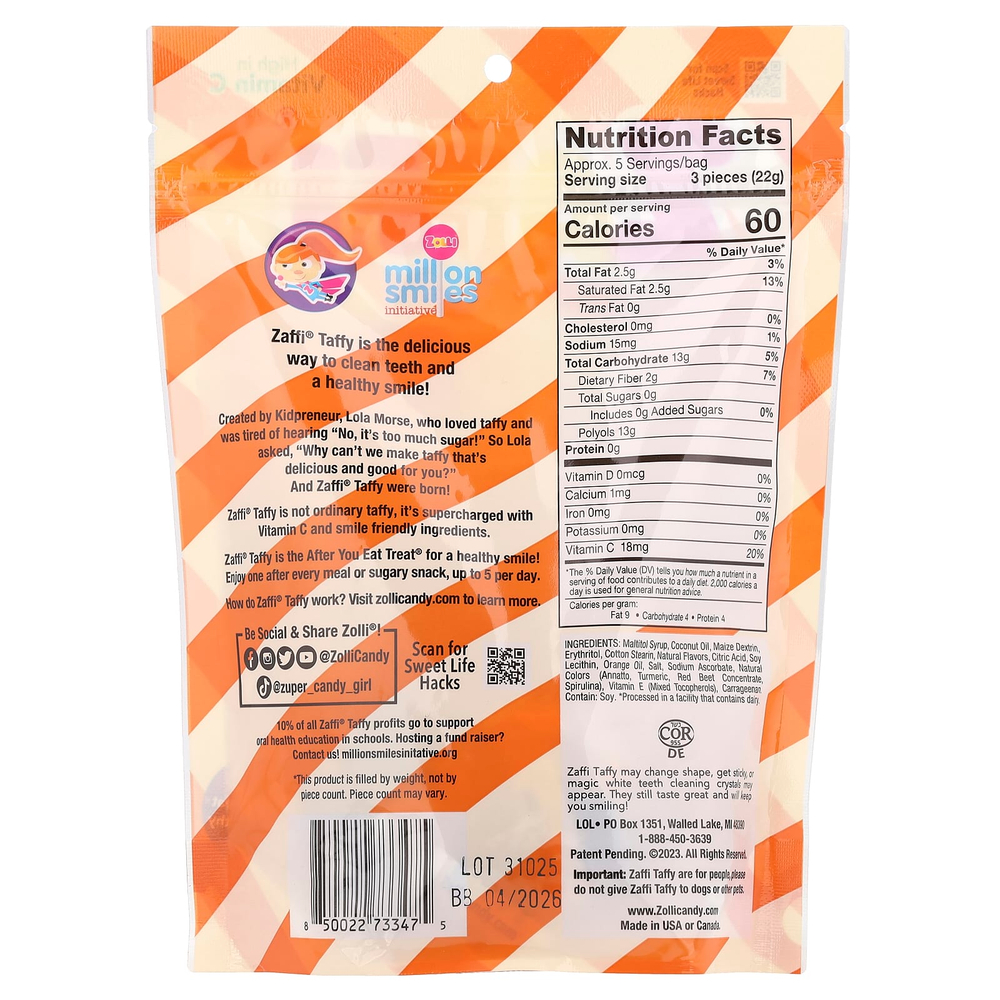 Zollipops, Zaffi® Taffy, апельсин и сливки, 142 г (5 унций)