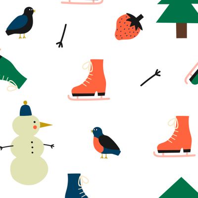 Зимний  паттерн-снеговик, елка, коньки, ягода на снегу