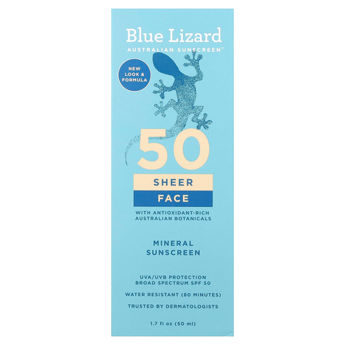 Blue Lizard Australian Sunscreen, Sheer, минеральный солнцезащитный крем для лица, SPF 50, 50 мл (1,7 жидк. унции)