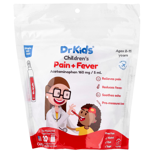 DrKids, средство от боли и лихорадки, для детей от 2 до 11 лет, с вишней, 20 отмеренных одноразовых флаконов, по 5 мл (0,17 жидк. унции)