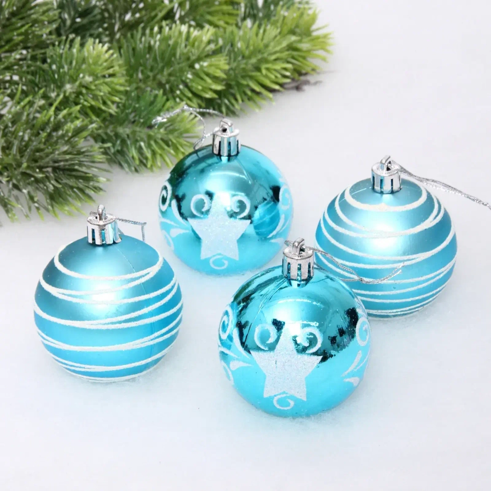 Новогодние шары 6 см (набор 4 шт) «Снежная дымка», Голубой