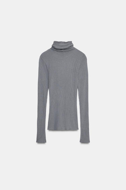 ZARA ТОП В РУБЧИК С ВОРОТНИКОМ-СТОЙКОЙ, ЖЕМЧУЖНО-СЕРЫЙ