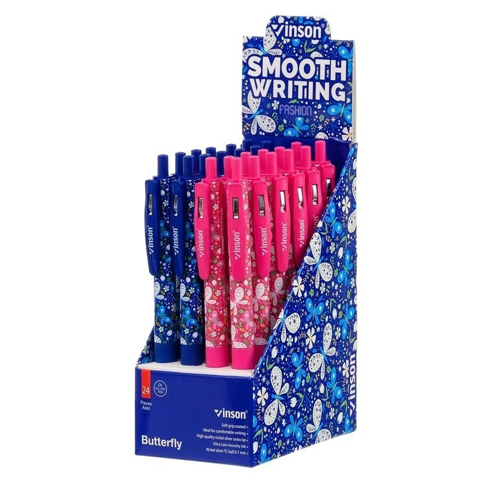 Ручка шариковая, масляная, автоматическая, Vinson, синие чернила, серия "VINSON Butterfly", 24 шт