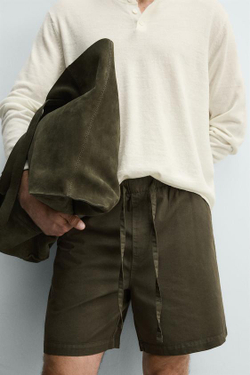 ZARA ШОРТЫ REGULAR FIT ИЗ ХЛОПКА И ЛИОЦЕЛЛА, ТЕМНЫЙ ХАКИ