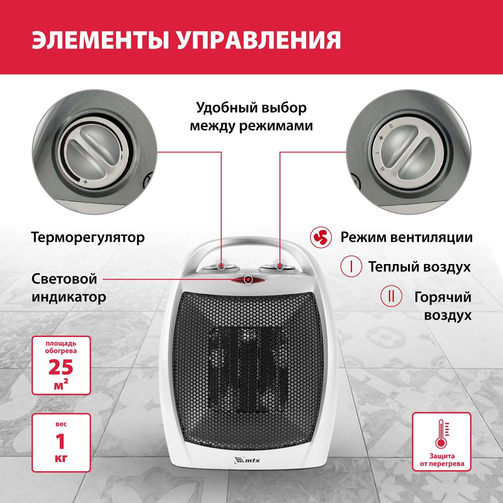 Тепловентилятор электр. керамический FHC-1500, 3 реж, вентилятор, нагрев 750/1500 Вт, MTX (арт. 96416)