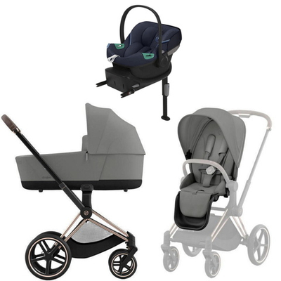 Коляска Cybex Priam IV Rosegold complete Aton S2 Ocean Blue Base One 4 в 1 Mirage Grey