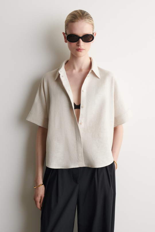 COS Льняная рубашка оверсайз с коротким рукавом, бежевый