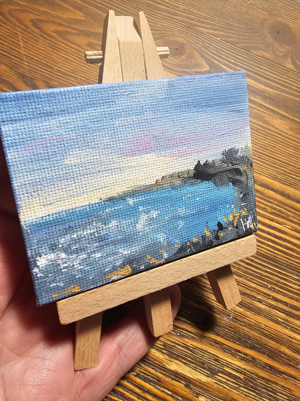 Миниатюра акрилом на холсте 6х8см "Морской берег" с мольбертом, авторская ручная работа