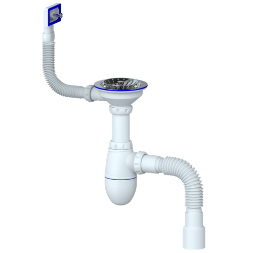 Сифон UNICORN для мойки, выпуск 1 1/2 (Ø40), прямоуг. перелив,чашка нерж. Ø115, ручка-латунь, B425, 73478