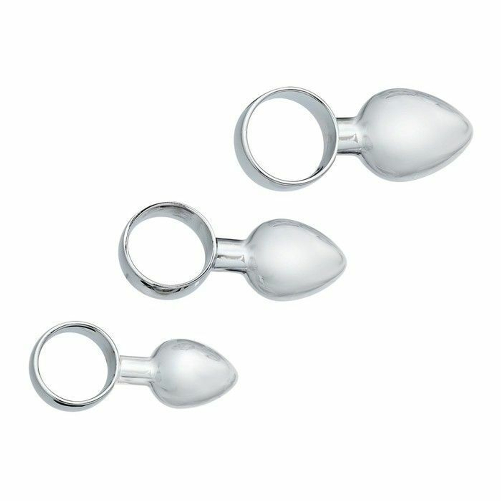 Набор из 3 серебристых анальных пробок с кольцом (Цвет: серебристый)