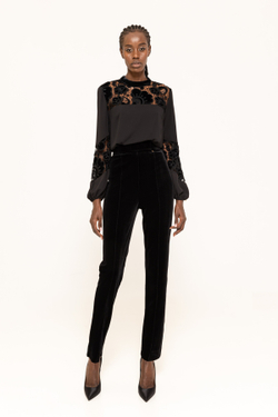 Брюки бархатные с высокой талией зауженные