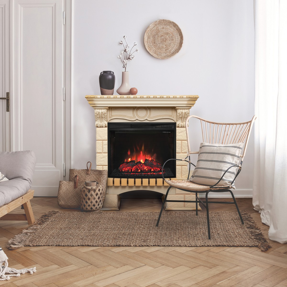 Электрокамин RealFlame Bolero WT белый дуб с золотой патиной с очагом Evrika 25,5 LED