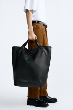 ZARA КОЖАНАЯ СУМКА-ТОУТ, ЧЕРНЫЙ