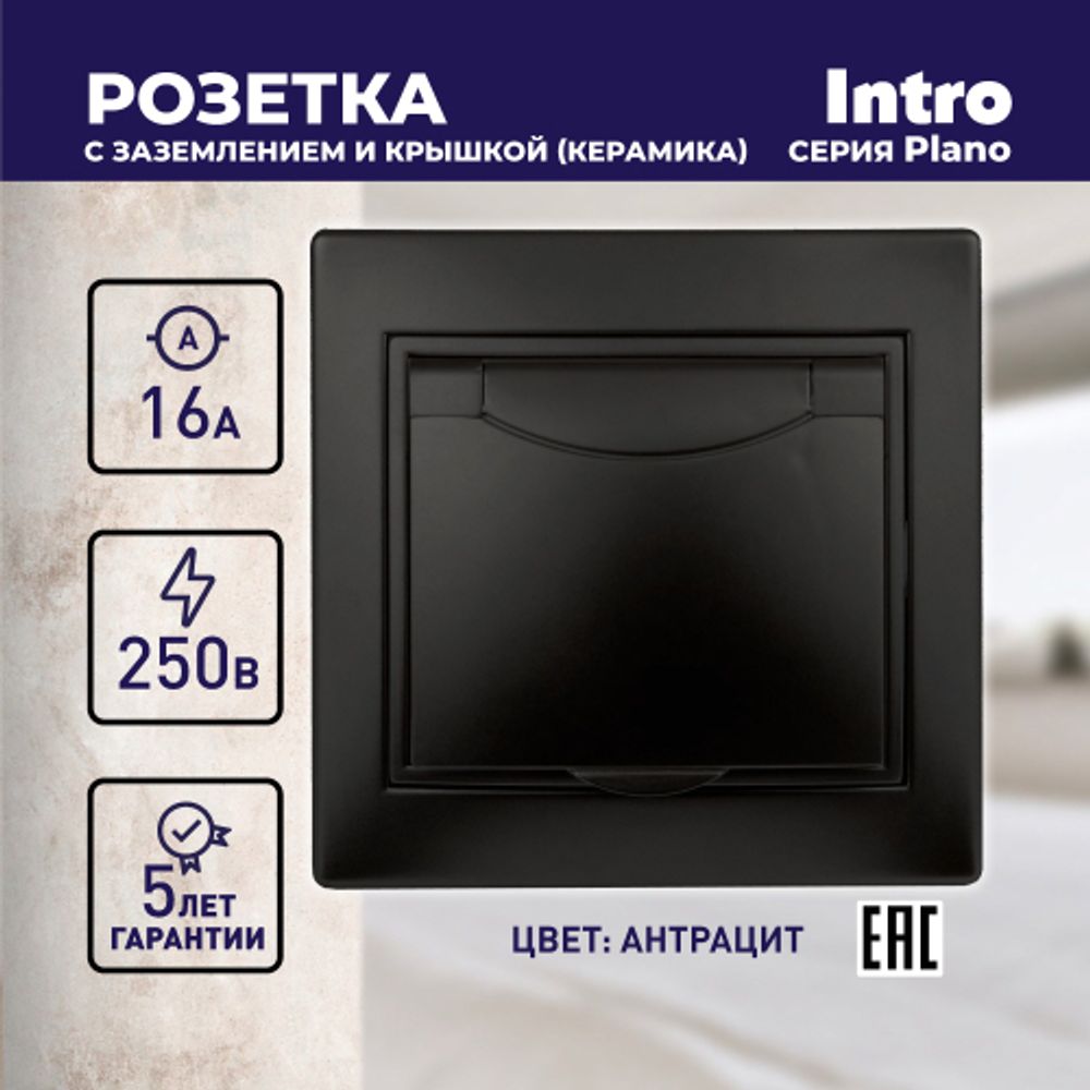 Розетка Intro Plano 1-203-05 с заземлением 2P+E Schuko с крышкой, 16А-250В, IP20, СУ, антрацит