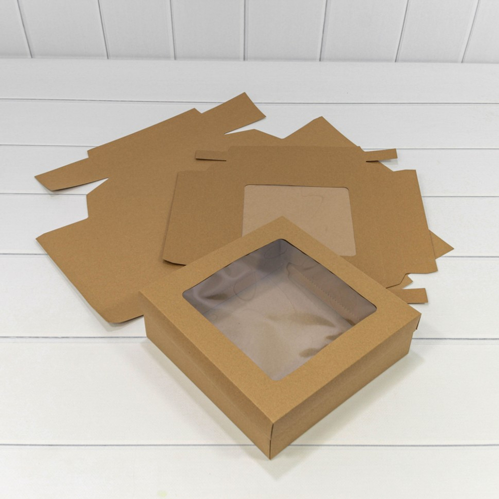 Коробка Для конфет сборная 22.5х22.5х7 см с окошком (Коричневый, Крафт)