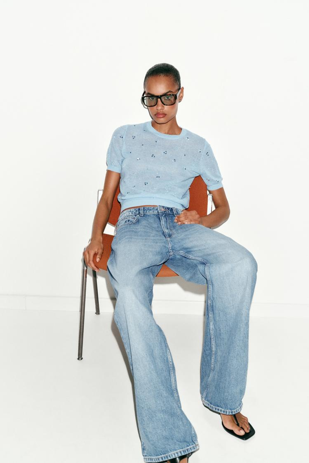 ZARA ТРИКОТАЖНЫЙ СВИТЕР С КОРОТКИМИ РУКАВАМИ, ПАСТЕЛЬНО-СИНИЙ