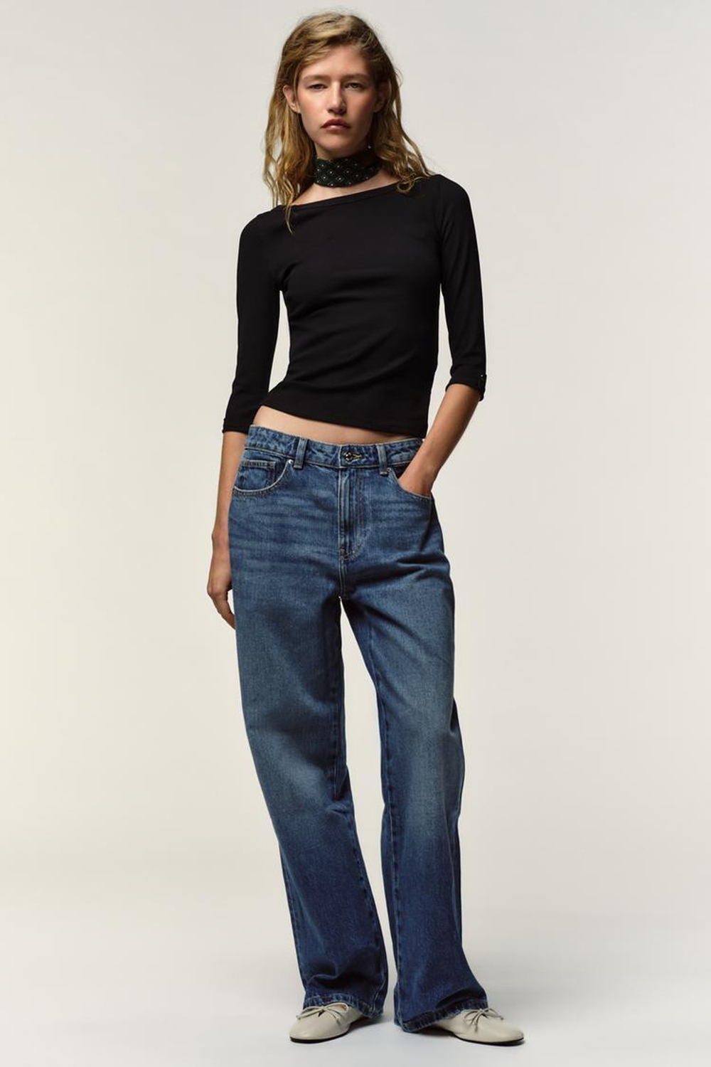 ZARA ФУТБОЛКА В РУБЧИК С ПУГОВИЦАМИ, ЧЕРНЫЙ