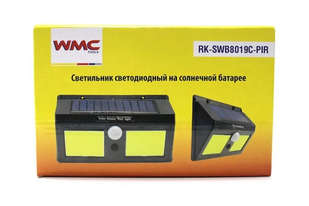 Светильник светодиодный на солнечной батарее с датчиком движения (5.5V,1.2W,18650Li,3.7V,1200mAh,40SMD Led,6500К,раб. время8-10ч,заряд.4-6ч,IP44,175х1 WMC TOOLS WMC-RK-SWB8019C-PIR