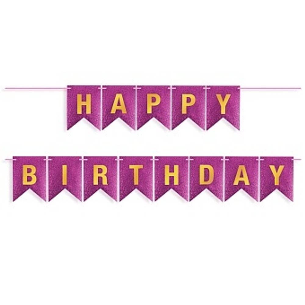 Гирлянда Флажки, Happy Birthday, Фуксия/Золото, Металлик, с блестками, 350 см, 17*12 см.