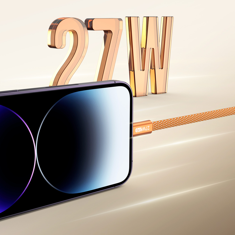 Магнитный кабель оранжевого цвета для быстрой зарядки 27W, длина 100см (1м) с разъемом Type C на Lightning, серия AUTO Series Aluminum от Dux Ducis