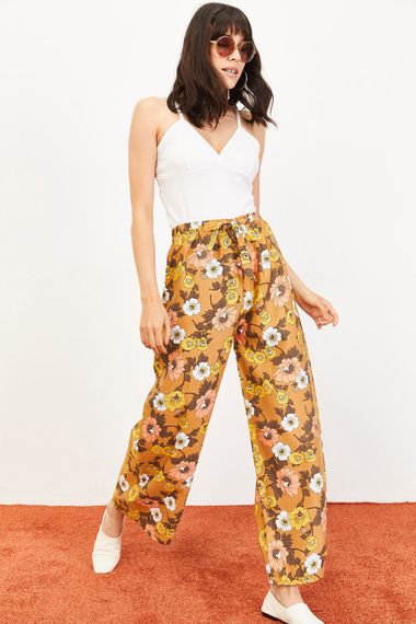 Qadın üçün kəmərli, geniş ayaqlı viskoz şalvar, Camel 10061053