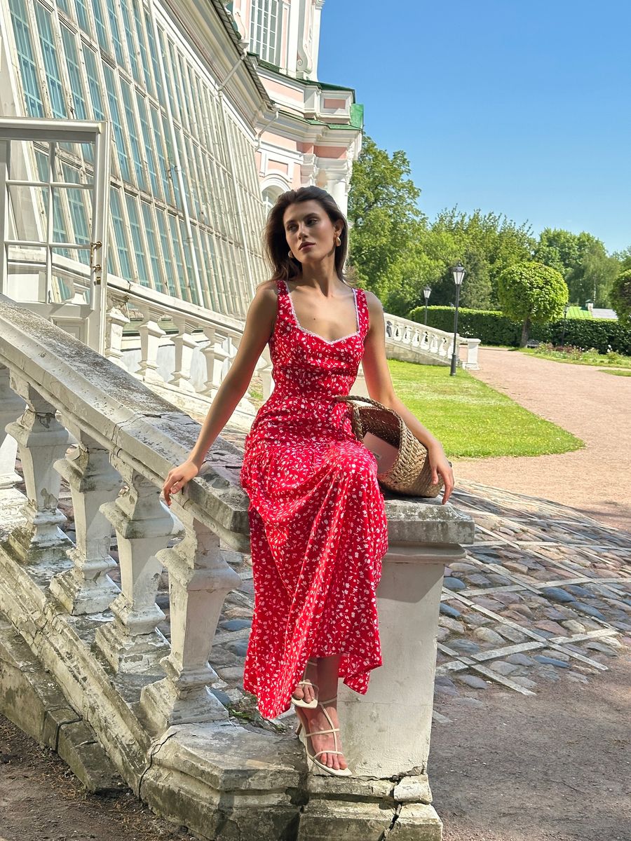 Юбка из софта макси красная в цветок