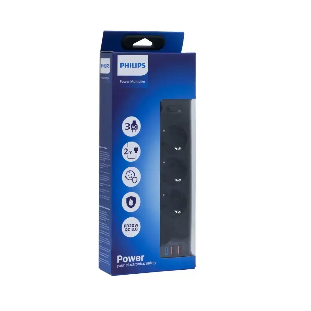 Сетевой фильтр удлинитель Philips CHP4336BA/51 с тремя стандартными розетками EU, 2 USB-A, Type-C, с заземлением и защитой от перегрузок, 2 м, черный