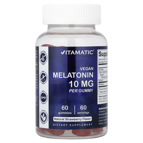 Vitamatic, веганские жевательные таблетки с мелатонином, со вкусом натуральной клубники, 10 мг, 60 жевательных таблеток